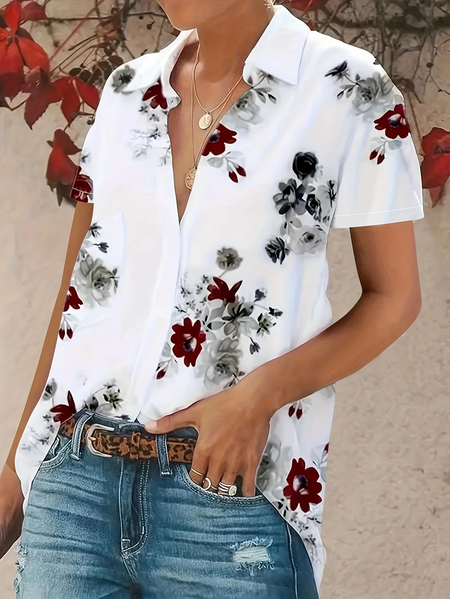

Women Floral Short Sleeve Shirt Summer Printing Shirt Collar Daily Casual Top, White, Shirts