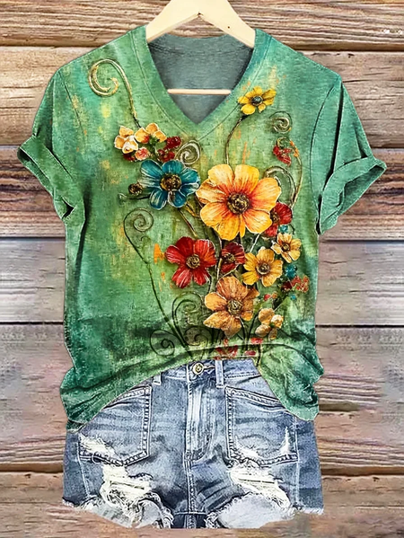 

Women Floral Short Sleeve Tee T-shirt V Neck Printing Casual Summer Graphic Tee Top, Green, T-Shirts