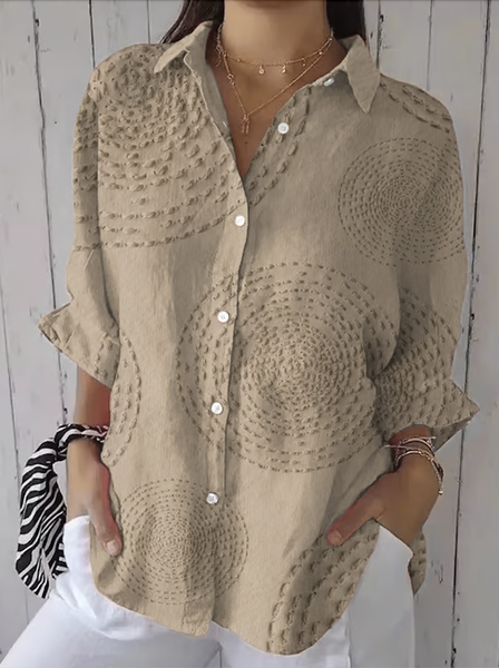 

Shirt Collar Long Sleeve Geometric Regular Micro-Elasticity Regular Fit Shirt For Women, Khaki, Shirts