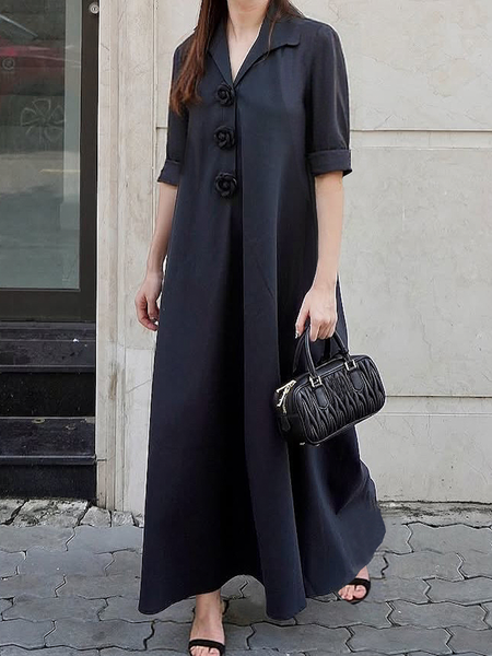 

Vacation Plain 3D Floral Shawl Collar Maxi Dress, Black, Maxi Dresses