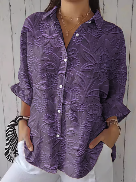 

Shirt Collar Long Sleeve Floral Lightweight Regular Fit Shirt For Women, Purple, Shirts
