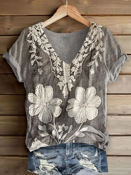 

Women Floral Short Sleeve Tee T-shirt V Neck Printing Casual Summer Graphic Tee Top, Gray, T-Shirts