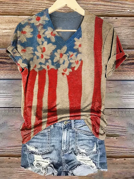 

Women Floral Short Sleeve Tee T-shirt V Neck Printing Casual Summer Graphic Tee Top, As picture, T-Shirts