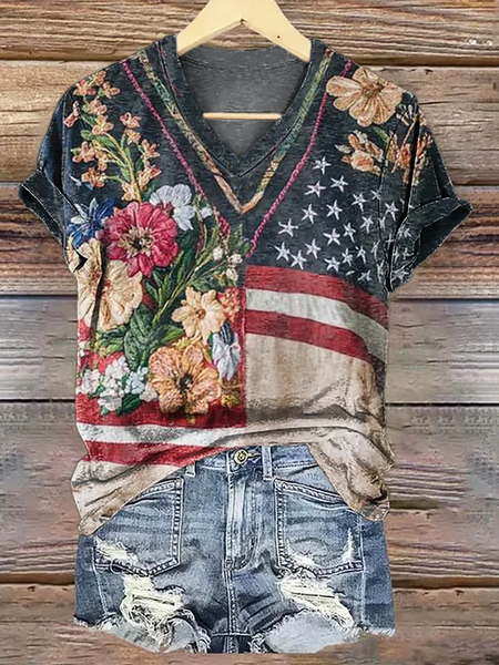 

Women Floral Short Sleeve Tee T-shirt V Neck Printing Casual Summer Graphic Tee Top, As picture, T-Shirts