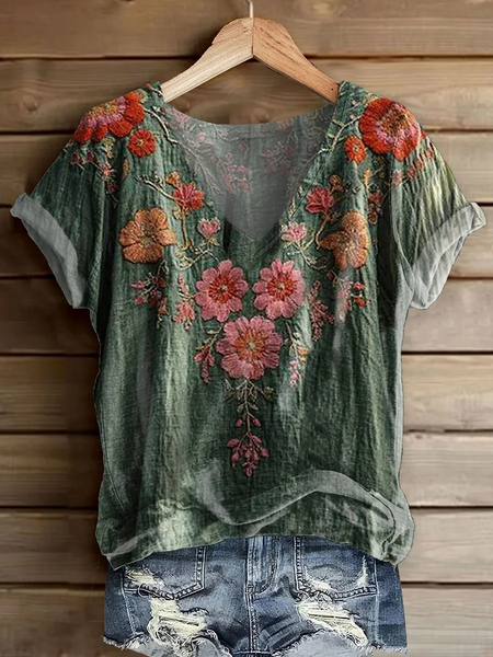 

Casual Floral V Neck Short Sleeve T-shirt, Green, T-shirts