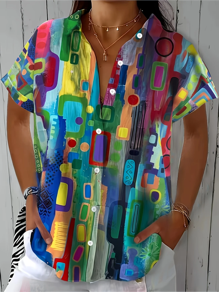

Women Abstract Short Sleeve Shirt Summer Printing Shirt Collar Daily Casual Top, As picture, Shirts