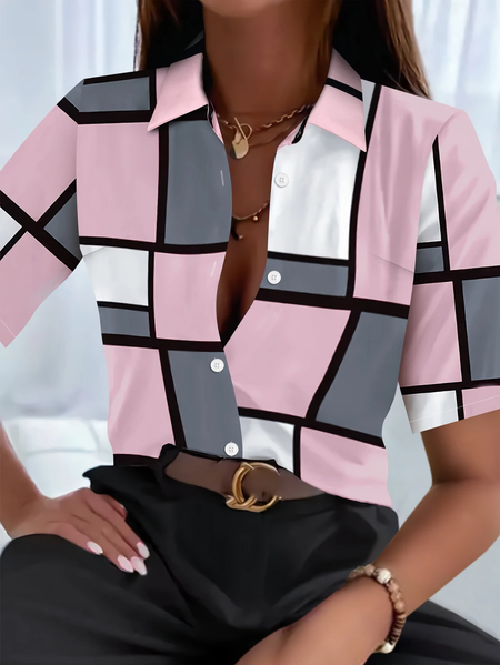 

Women Plaid Short Sleeve Shirt Summer Printing Shirt Collar Daily Casual Top, Pink, Shirts