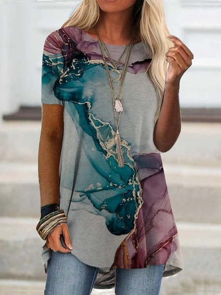 

Casual Geometric V Neck Short Sleeve T-shirt, As picture, T-shirts