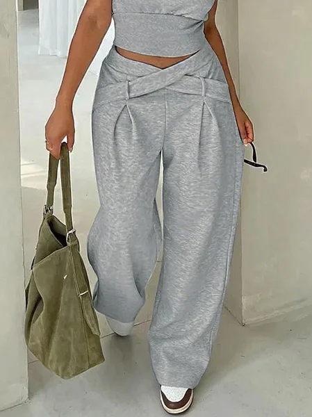 

Casual Plain Pockets Cross Fashion Pants, Light gray, Pants