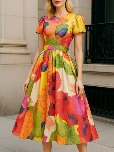 

Elegant Tropical Printing Midi Dress, As picture, Midi Dresses
