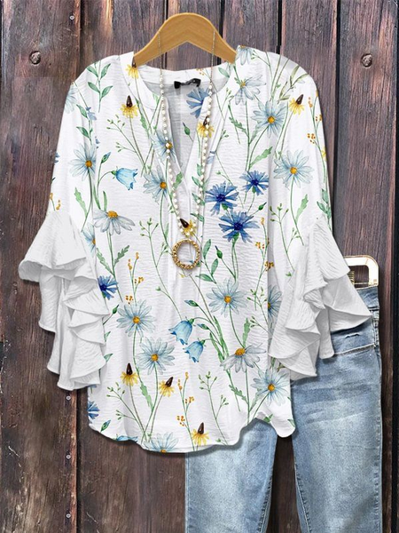 

Women Floral Half Sleeve Shirt Summer Printing V Neck Daily Casual Top, White, Shirts