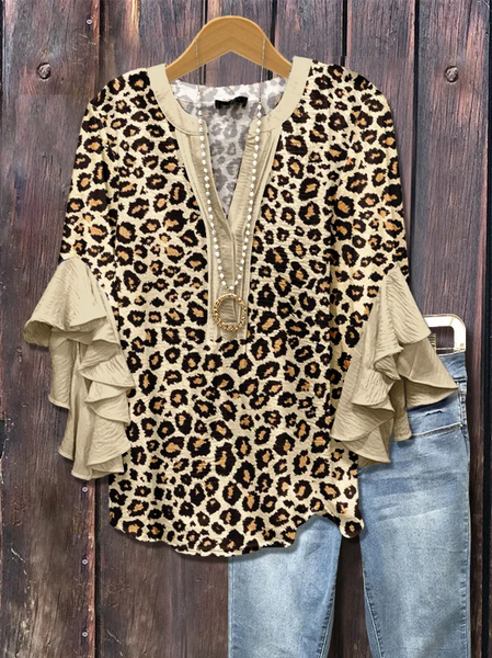 

Women Leopard Half Sleeve Shirt Summer Printing V Neck Daily Casual Top, Khaki, Shirts