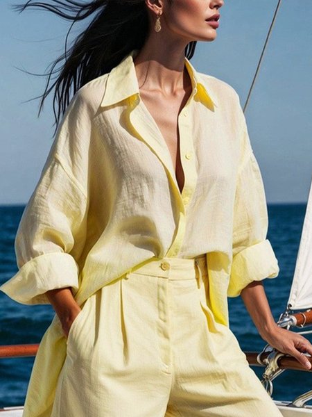 

Plus Size Cotton Casual Plain Shirt Collar Raglan Sleeves Shirt, Yellow, Plus Tops
