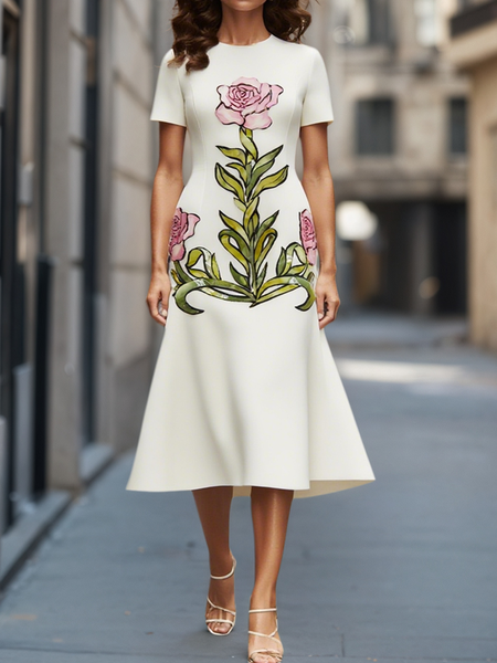 

Micro-Elasticity Elegant Floral Printing Midi Dress, White, Midi Dresses