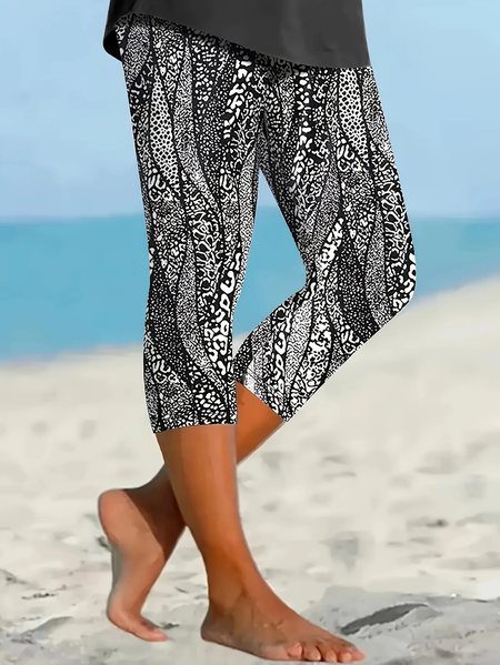 

Women Abstract Capris Elastic Waist Pants Casual Summer Trousers, Black, Leggings