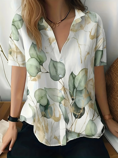 

Women Floral Short Sleeve Shirt Summer Printing Shirt Collar Daily Casual Top, White, Shirts