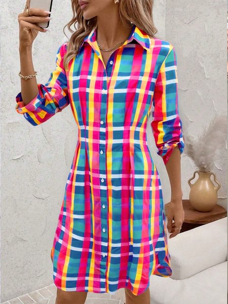 

Urban Plaid Buttoned Knee Length Dress, Pink, Mini Dresses