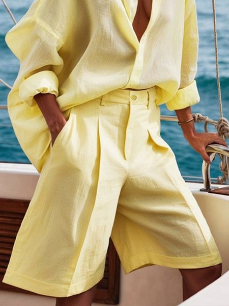 

Plus Size Casual Plain Distressing Straight Shorts, Yellow, Plus Pants