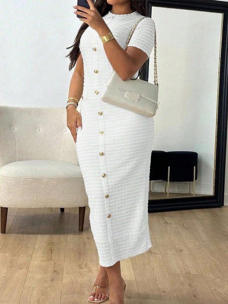 

Elegant Plain Buttoned Midi Dress, White, Maxi Dresses
