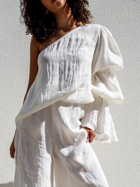 Linen Blend Vacation Plain Irregular Craftsmanship One Shoulder Blouse