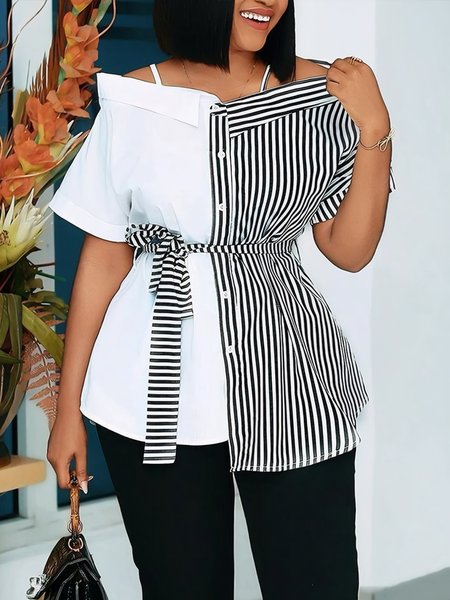 

Urban Striped Split Joint Off Shoulder Sleeve Shirt With Belt, As picture, Blouses and Shirts