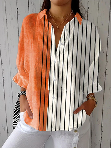 

Shirt Collar Long Sleeve Striped Regular Micro-Elasticity Regular Fit Shirt For Women, As picture, Shirts