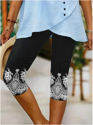 

Women Floral Capris Elastic Waist Pants Casual Summer Trousers, Black, Pants