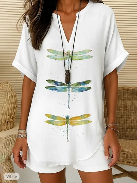 

Shawl Collar Half Sleeve Animal Regular Loose Blouse For Women, White, T-shirts