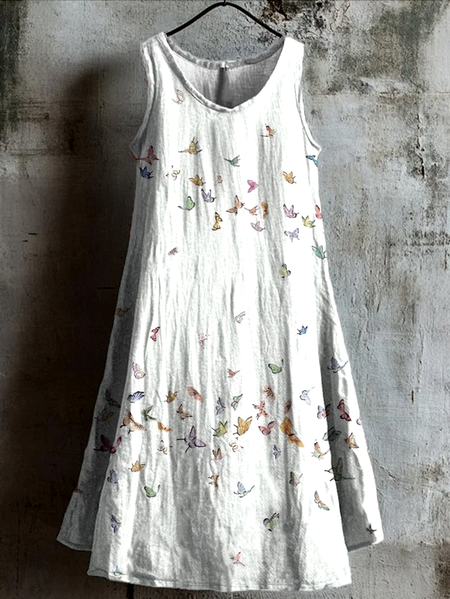 

Women Floral Summer Dress Crew Neck Sleeveless A-Line Dress, White, Midi