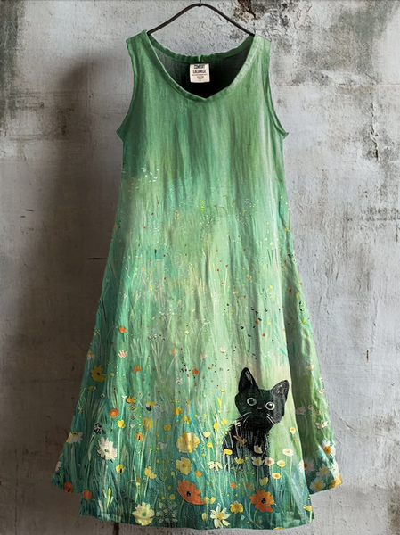 

Women Floral Summer Dress Crew Neck Sleeveless A-Line Dress, Green, Midi