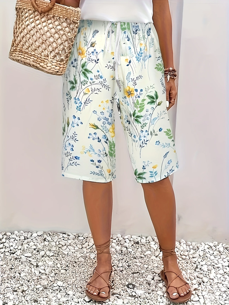 

Women Floral Fifth Pants Pants Casual Summer Trousers, White, Pants