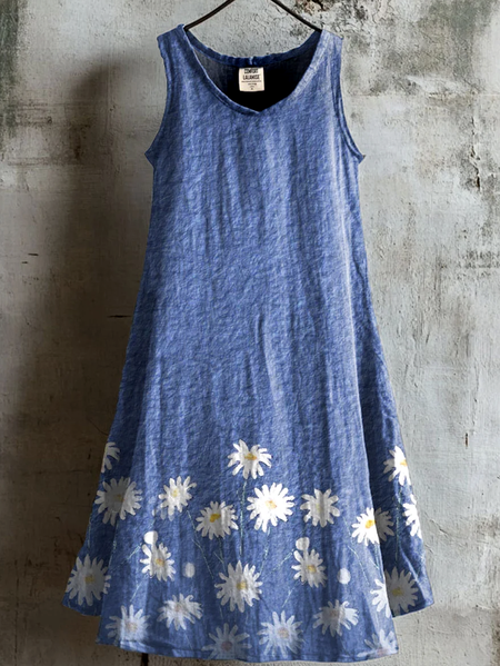 

Women Floral Summer Dress Crew Neck Sleeveless A-Line Dress, Blue, Midi