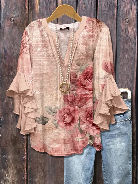 

Women Floral Half Sleeve Shirt Summer Printing V Neck Daily Casual Top, Pink, Shirts