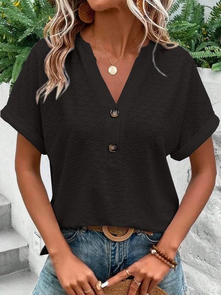 

Casual Plain V Neck Short Sleeve T-shirt, Black, Blouses
