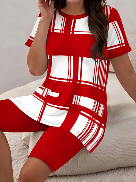 

Women Abstract Printing Two-Piece Set Daily Short Sleeve Casual Summer Top With Pants Matching Set, Red, Suit Set