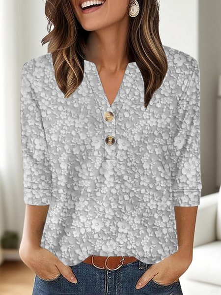 

Casual Floral V Neck Three Quarter Sleeve T-shirt, White, T-shirts