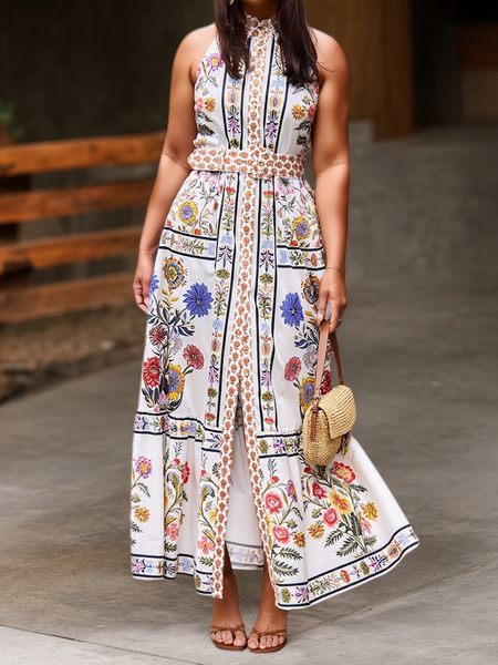

Vacation Floral Maxi Dress With Belt, As picture, Midi Dresses