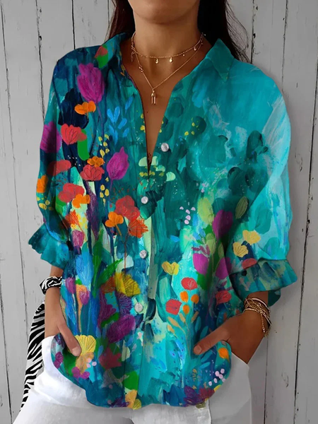 

Shirt Collar Long Sleeve Floral Regular Micro-Elasticity Regular Fit Shirt For Women, As picture, Shirts