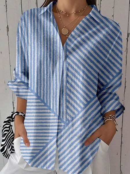 

Shirt Collar Three Quarter Sleeve Striped Regular Micro-Elasticity Regular Fit Shirt For Women, Blue, Shirts