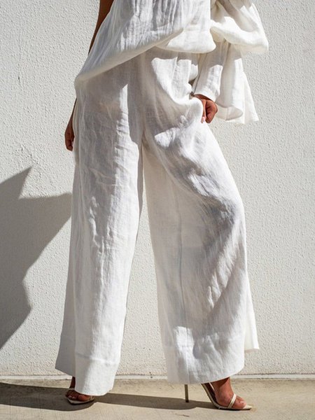 Linen Blend Vacation Plain Wide Leg Pants