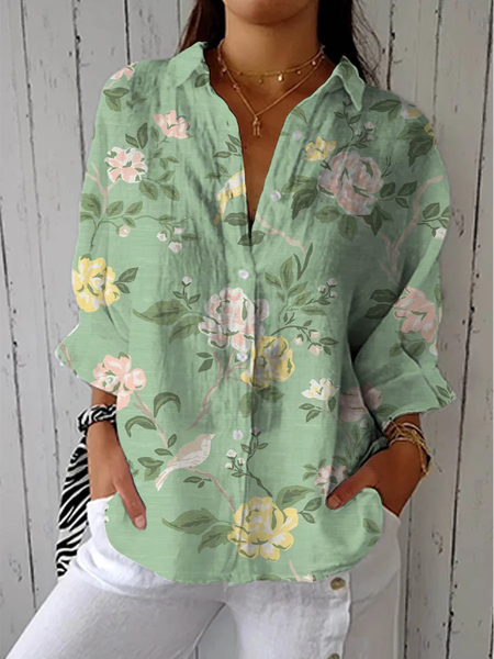 

Shirt Collar Long Sleeve Floral Regular Micro-Elasticity Regular Fit Shirt For Women, As picture, Shirts