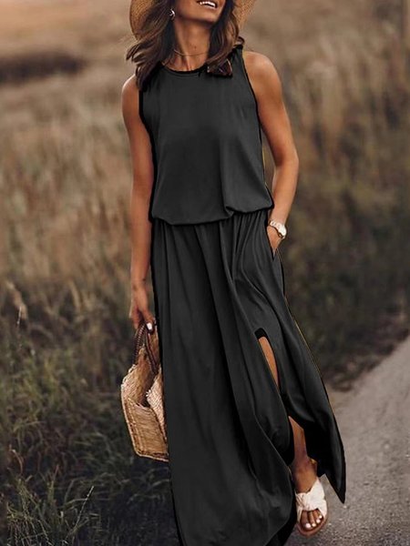 

Women Plain Summer Split Joint Dress Crew Neck Sleeveless Tank A-Line Dress, Black, Dresses