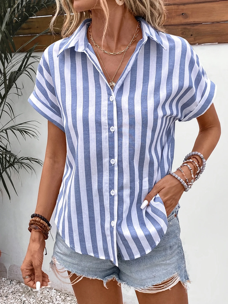 

Women's Short Sleeve Shirt Summer Blue Striped Printing Shirt Collar Daily Going Out Casual Top, Blouses & Shirts