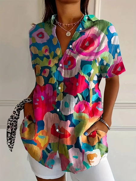 

Women Floral Short Sleeve Shirt Summer Printing Shirt Collar Daily Casual Top, As picture, Shirts