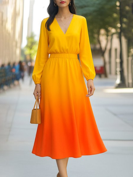 

Elegant Gradient Pattern Balloon Sleeve Printing V Neck Maxi Dress, As picture, Midi Dresses