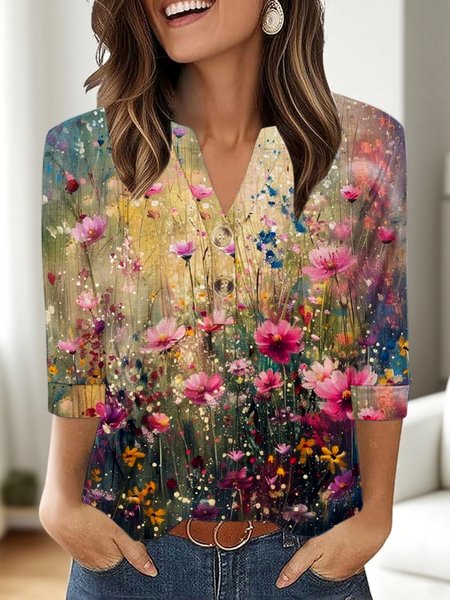 

Casual Floral V Neck Three Quarter Sleeve T-shirt, Pink, T-shirts