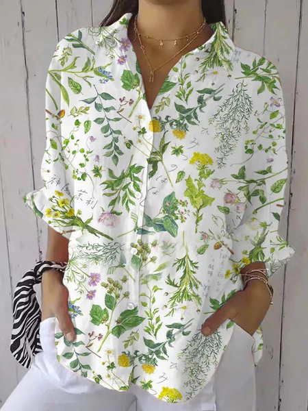 

Shirt Collar Long Sleeve Floral Regular Micro-Elasticity Regular Fit Shirt For Women, As picture, Shirts