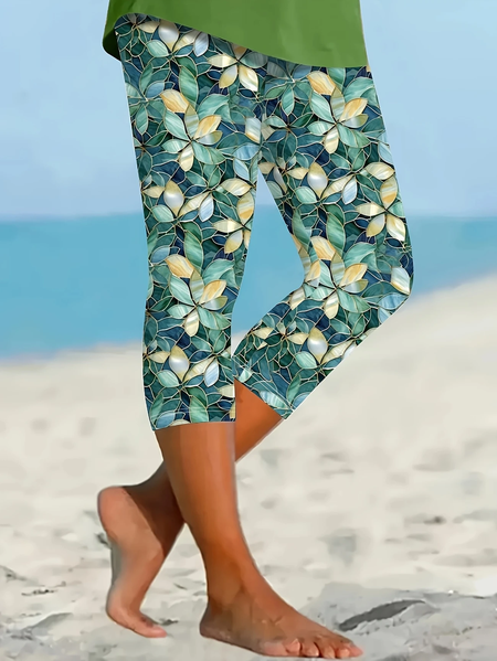 

Women Floral Capris Elastic Waist Pants Casual Summer Trousers, Green, Leggings
