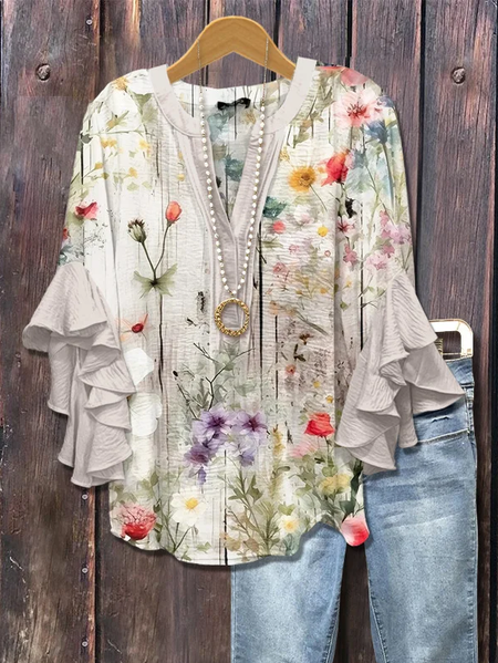 

Women Floral Half Sleeve Shirt Summer Printing V Neck Daily Casual Top, White, Shirts