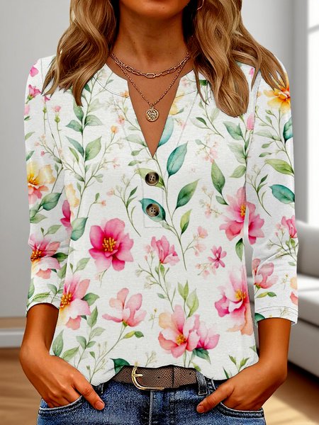 

Casual Floral V Neck Three Quarter Sleeve T-shirt, White, T-shirts